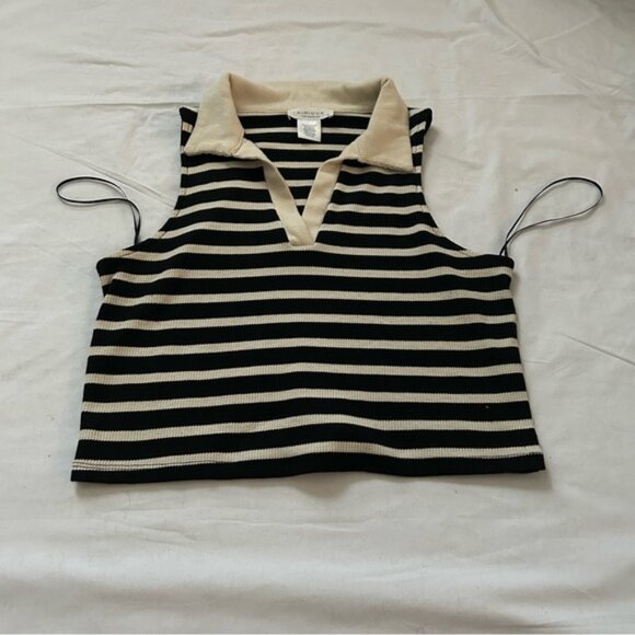 Striped Black and Cream Sleeveless Top with Collar - Picture 1 of 3